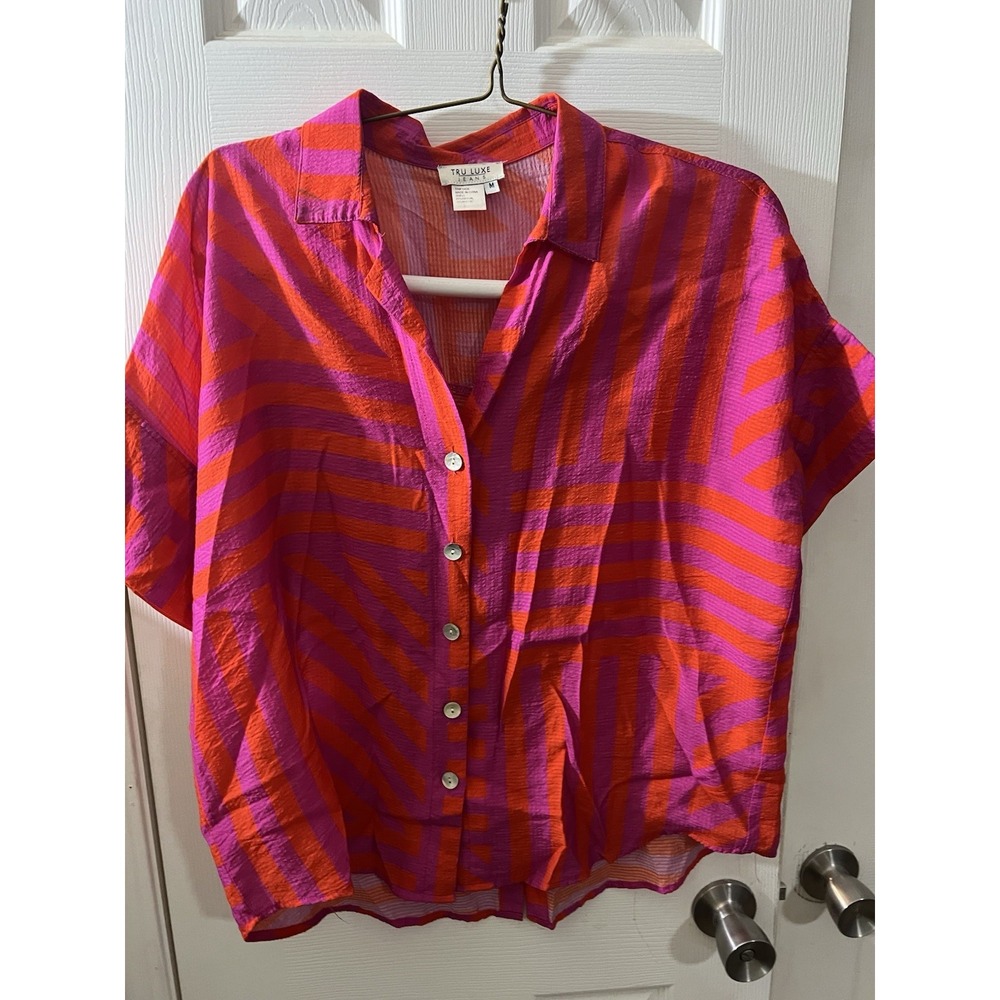 Tru Luxe Jeans Button Blouse Womens Medium Pink 3/4 Sleeve Collared